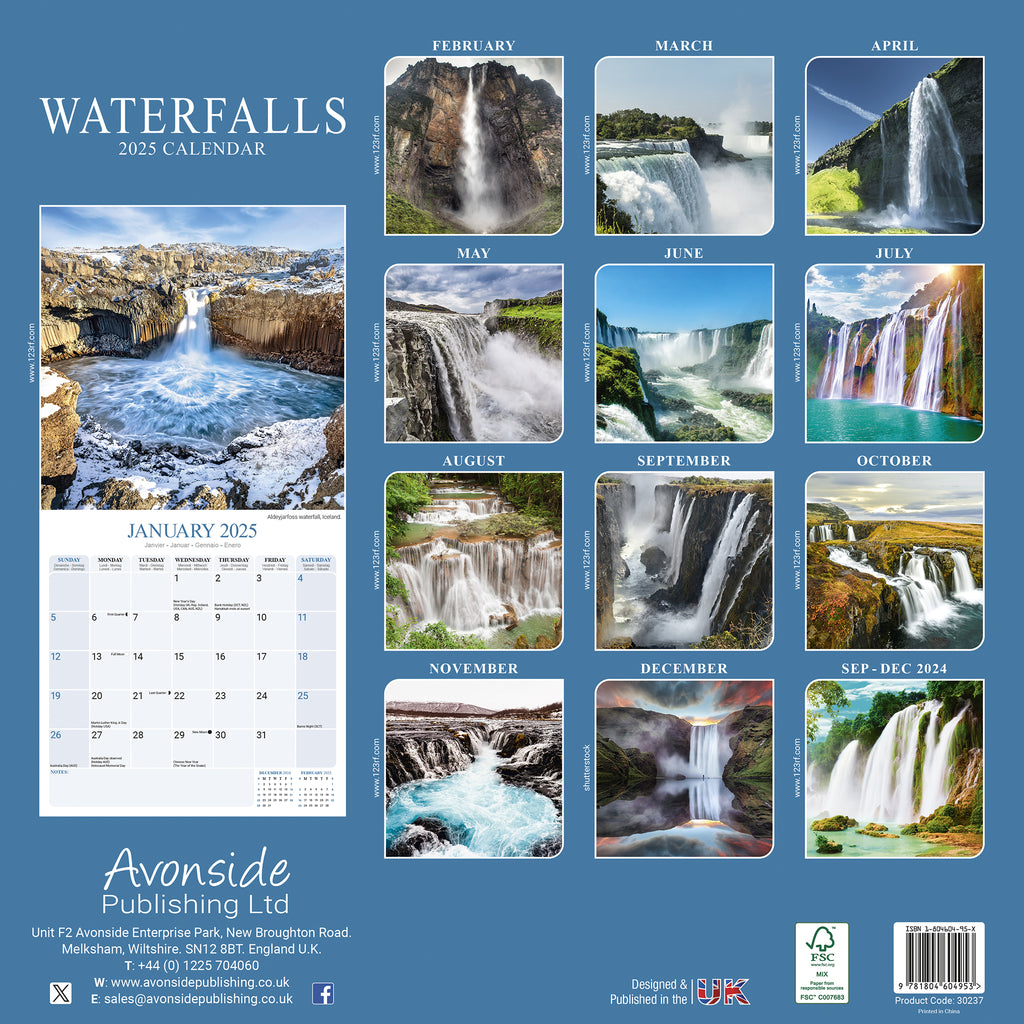 Waterfalls Calendar 2025 Avonside Publishing Ltd